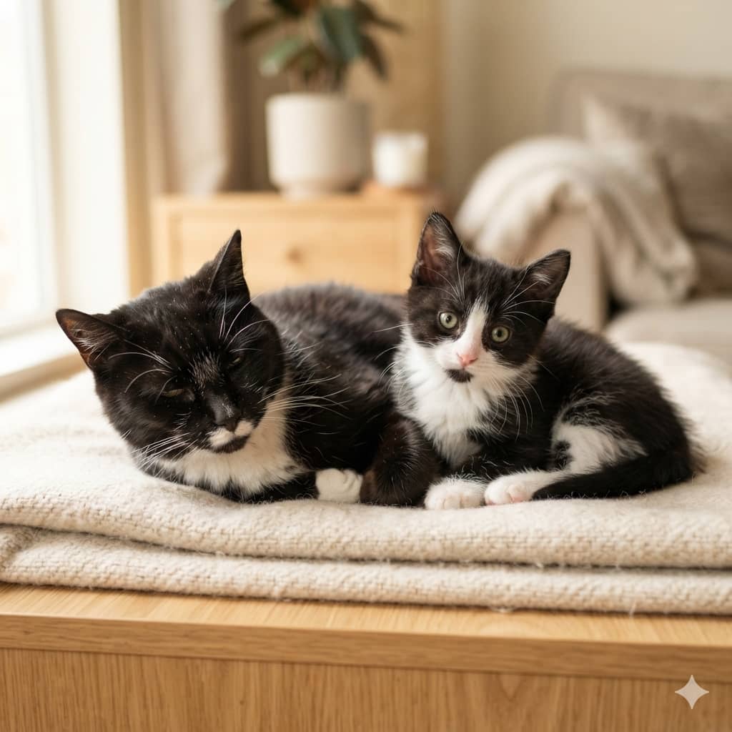 A kitten and a senior cat together